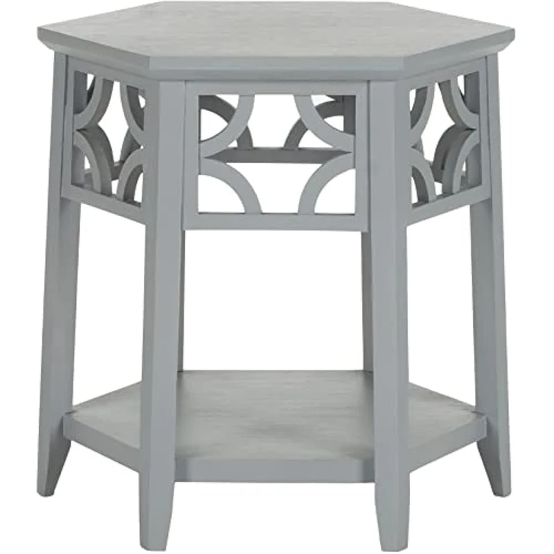 SAFAVIEH Transitional Accent Table with Wooden Storage Shelf, in Pearl Blue Grey, 45 X 45 X 45