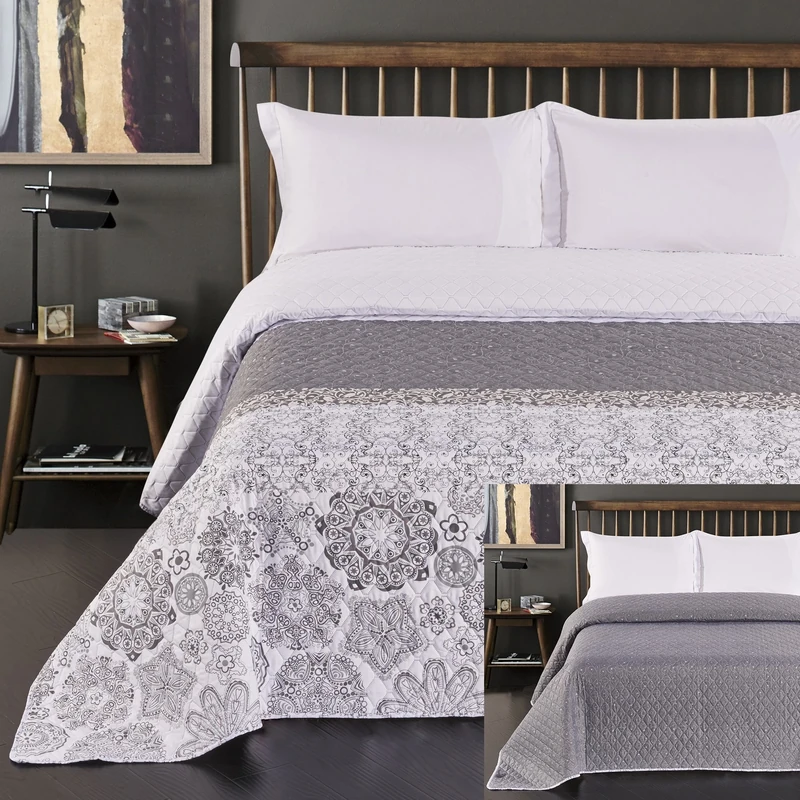 DecoKing 77214 Bedspread 240 x 260 cm Steel Silver White Anthracite Bed Throw Double-Sided White Steel Silver Quilting Alhambra