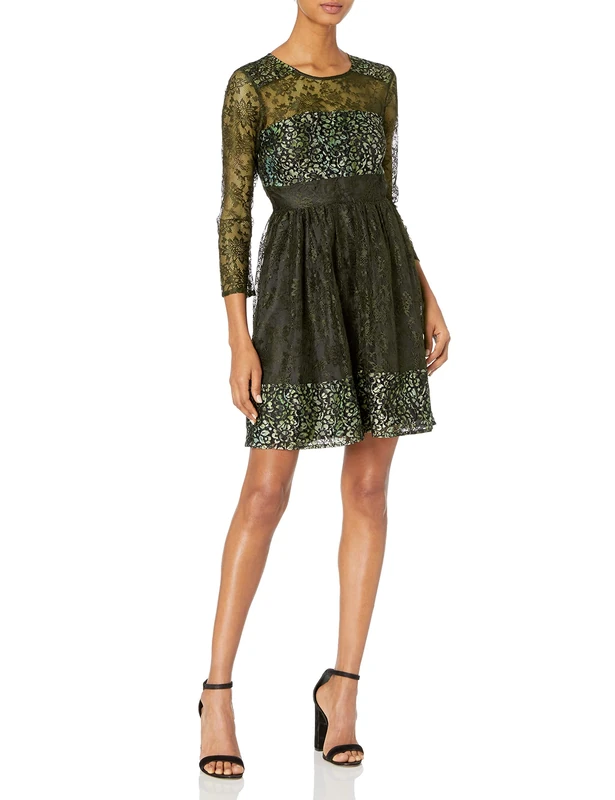 French Connection Women's Molly Lace Rdnk Long Sleeve Dress, Brown (Khaki), 10
