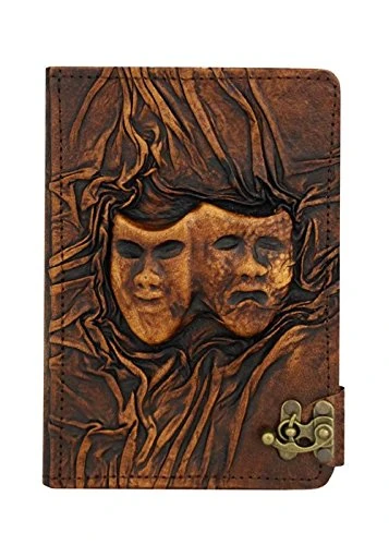 A Little Present "Embossed Happy Sad Drama Mask Flip Stand Vintage Real Leather Hardcover Wallet/Pouch/Case with Lock for iPad Air/Air2 - Brown - Image 1