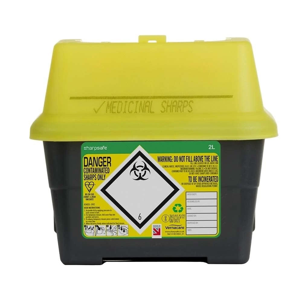 2L SHARPSAFE YELLOW BIO HAZARD BLADE SYRINGE NEEDLE CLINICAL LABELLED WASTE SHARPS BOX BINS