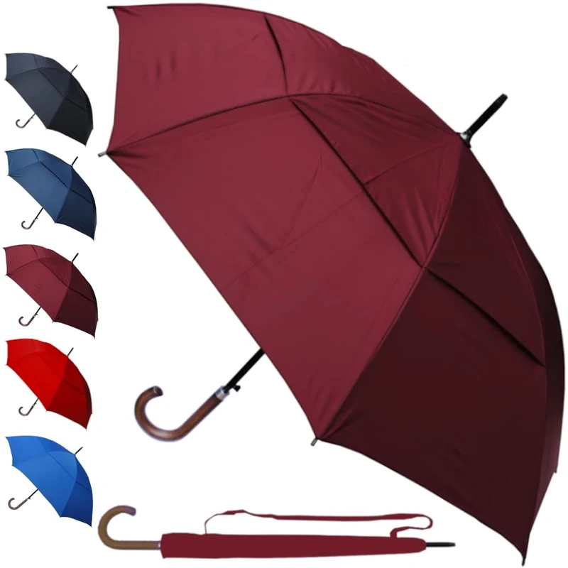 60MPH Windproof Umbrella Large Strong Umbrella - StormDefender City - Best for Vented Double Canopy - Auto Open - Solid Wood Hook Handle - Rainproof Designer Big Golf - Burgundy Red