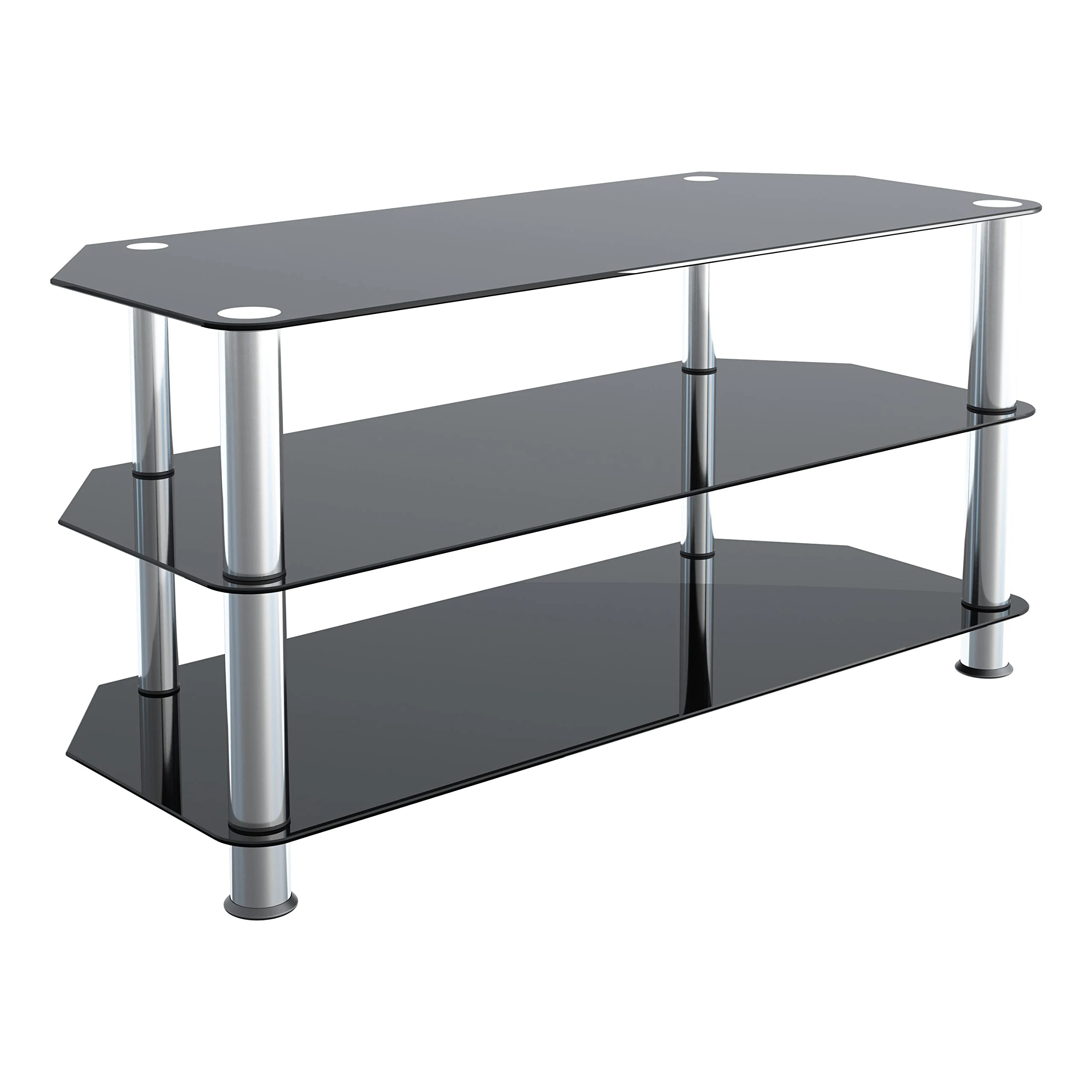 AVF Glass Corner TV Stand - 100cm Wide - Glass And Silver Chrome Metal Legs TV Floor Stand Unit - Gloss Black Safety Glass Shelves - Open Storage - Ideal For Corners - SDC1000 (Up to 50" TVs)