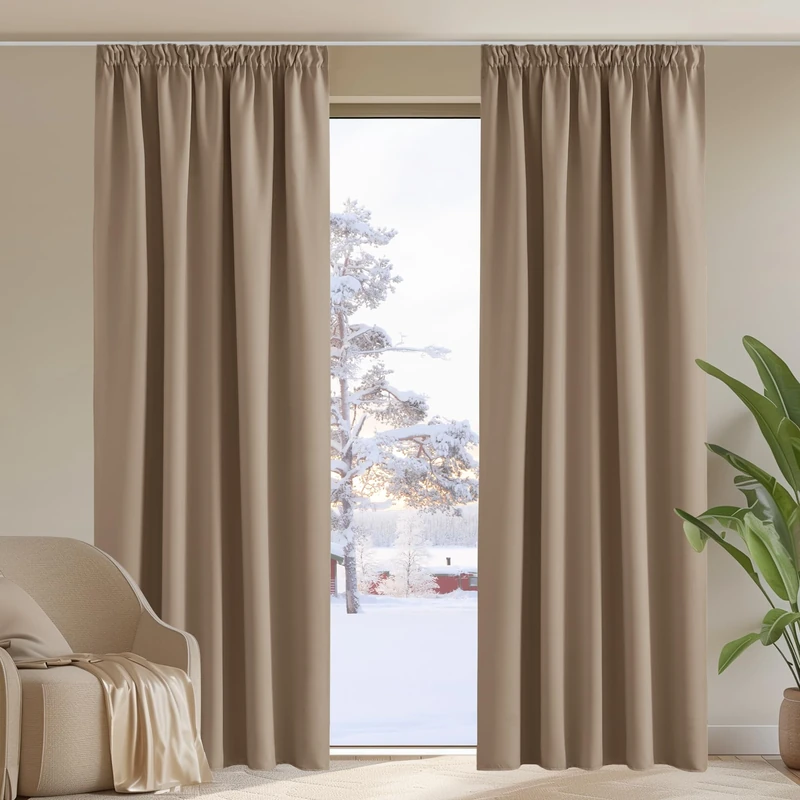 PONY DANCE Blackout Window Curtains - Top Pencil Pleat Light Block Wide Curtain Drapes for Thermal Insulated Solid Window Treatment for Home Decoration 2 Panels, W90 X L90, Cappuccino