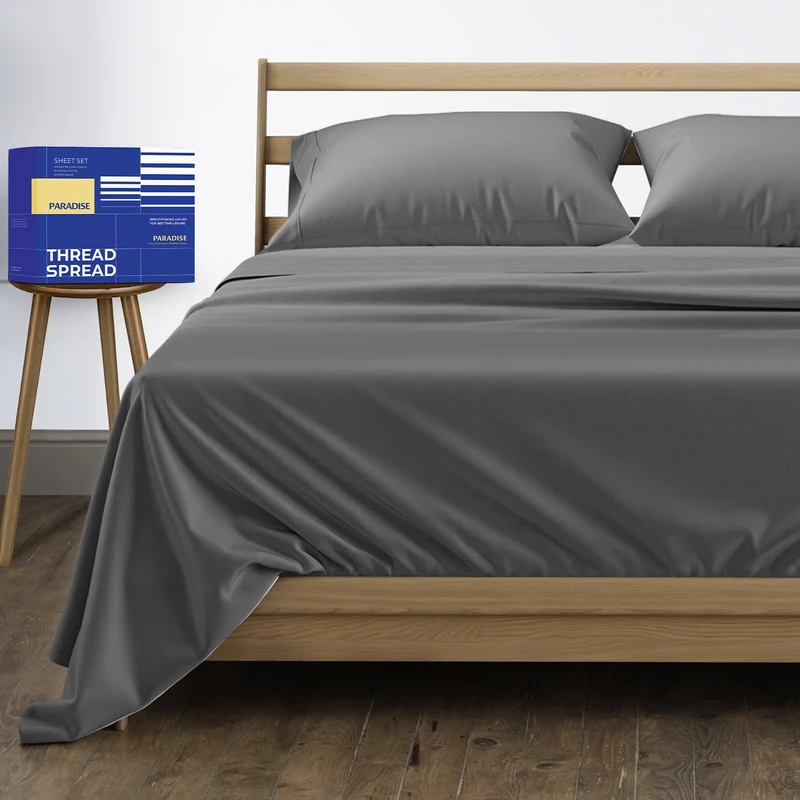 THREAD SPREAD True Luxury 1000-Thread-Count 100% Egyptian Cotton Bed Sheets, 4-Pc Queen Dark Grey Sheet Set, Single Ply Long-Staple Yarns, Sateen Weave, Fits Mattress Upto 18'' Deep Pocket