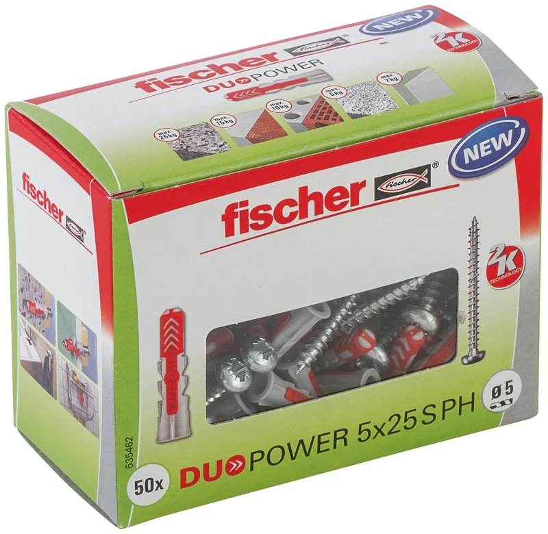 fischer DuoPower 5 x 25 S PH, powerful universal plug with panhead screw, intelligent 2-component technology for fastenings in concrete, bricks, stone, gypsum plasterboard, etc., 50 plugs & 50 screws