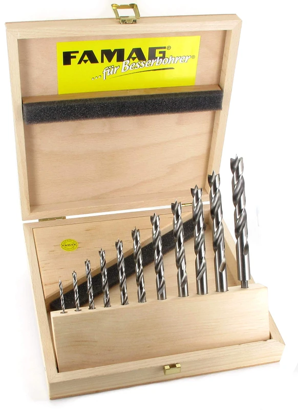 FAMAG 1597511 7pcs HSS-Ground 1/4" Hex Long Shank Brad Point Drill Bit Set in Wooden Case