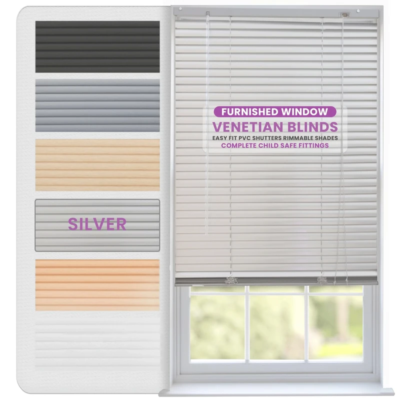 FURNISHED Venetian Blinds Window Venetian Blind Easy Fit PVC Shutters Trimmable Shades for Home Kitchen Windows Treatment Shutters 25mm Slats Complete Child Safe Fittings - Silver 210W x 150L cm