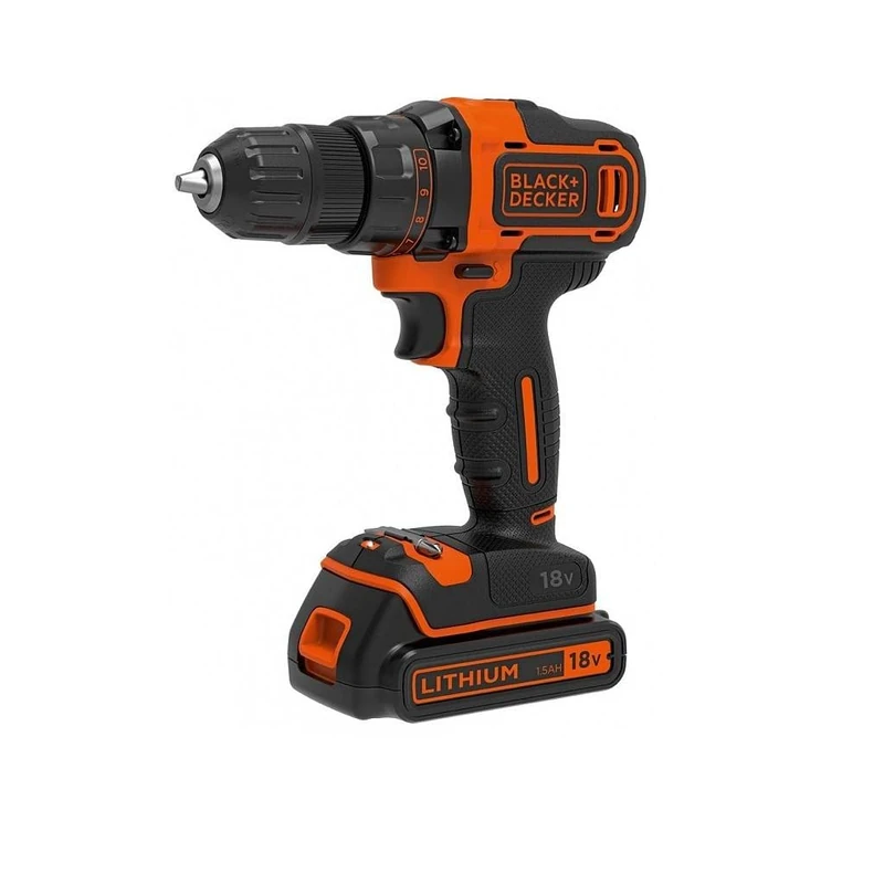Black+Decker BDCDD186K BDCDD186KB-QW Cordless Drill with 2-Speed Gear, 18 V, 1.5 Ah, Includes 2 Batteries and 400 mA Charger in Case, with Double Bit, LED Work Light, Non-Slip Soft Grip