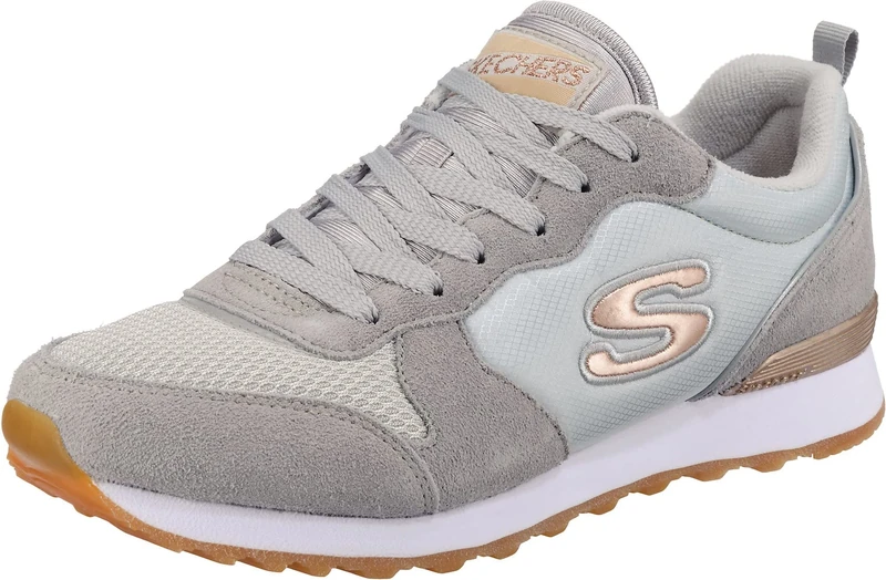 Skechers Women's Og 85 Gold'n Gurl Trainers, Light Gray Suede Nylon Mesh Rose Gold Trim, 4 UK