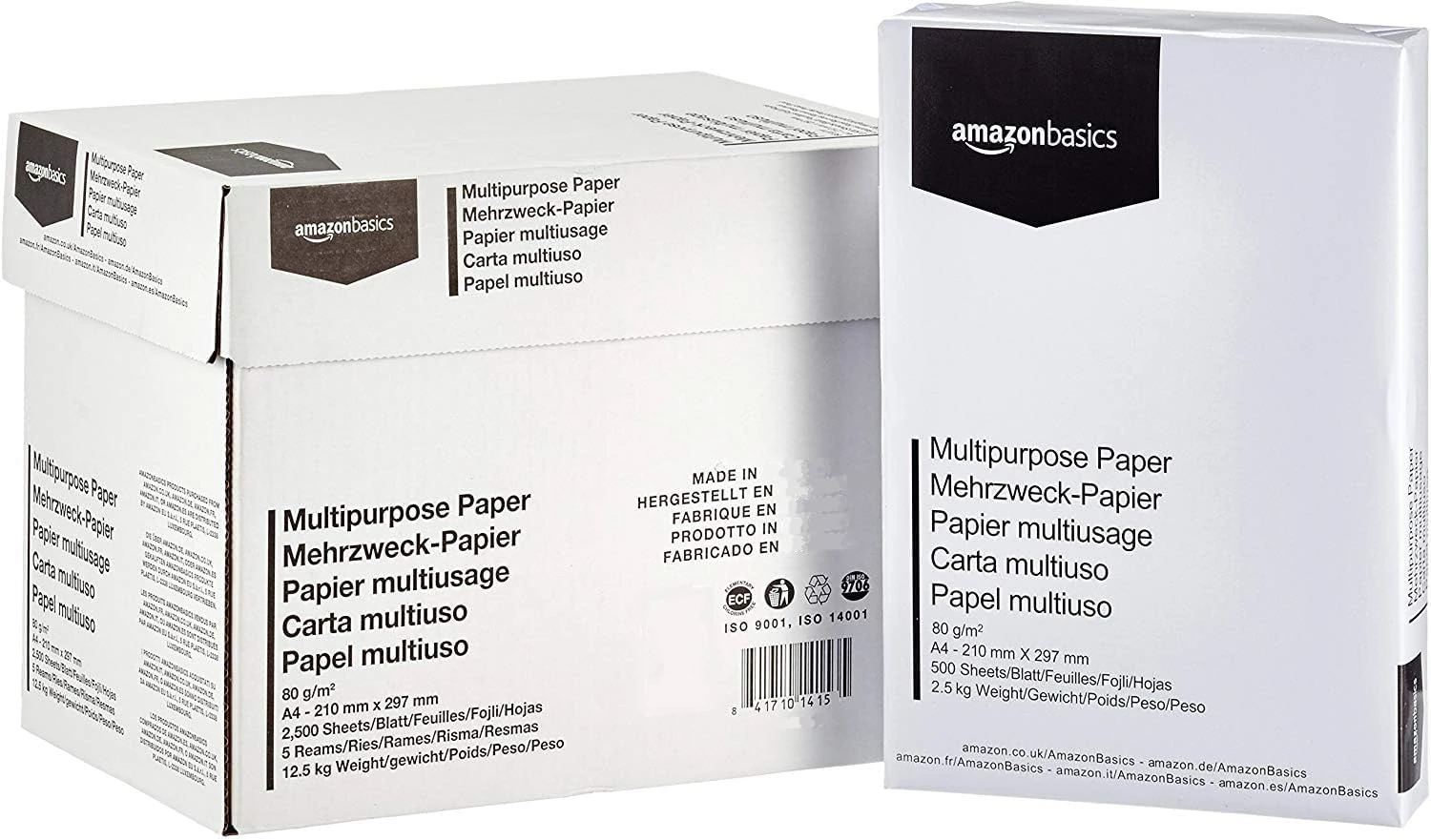Amazon Basics Multi-Purpose Copy Printer Paper, A4 80 GSM, 2500 Count (Pack of 5), White