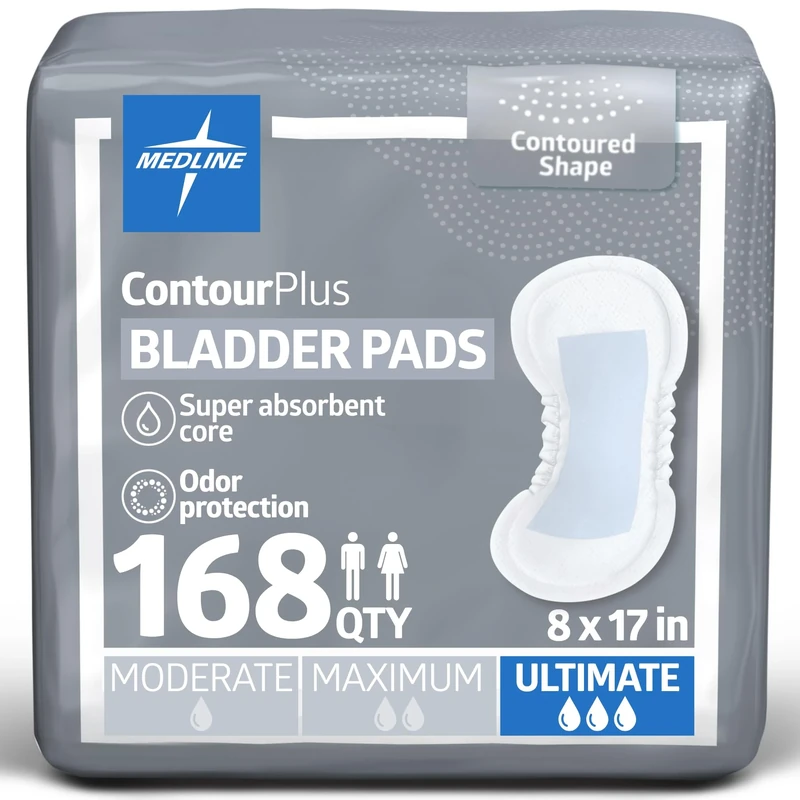 Medline Contour Plus Bladder Control Incontinence Pads, Ultimate Absorbency, 8 x 17 (Pack of 168)