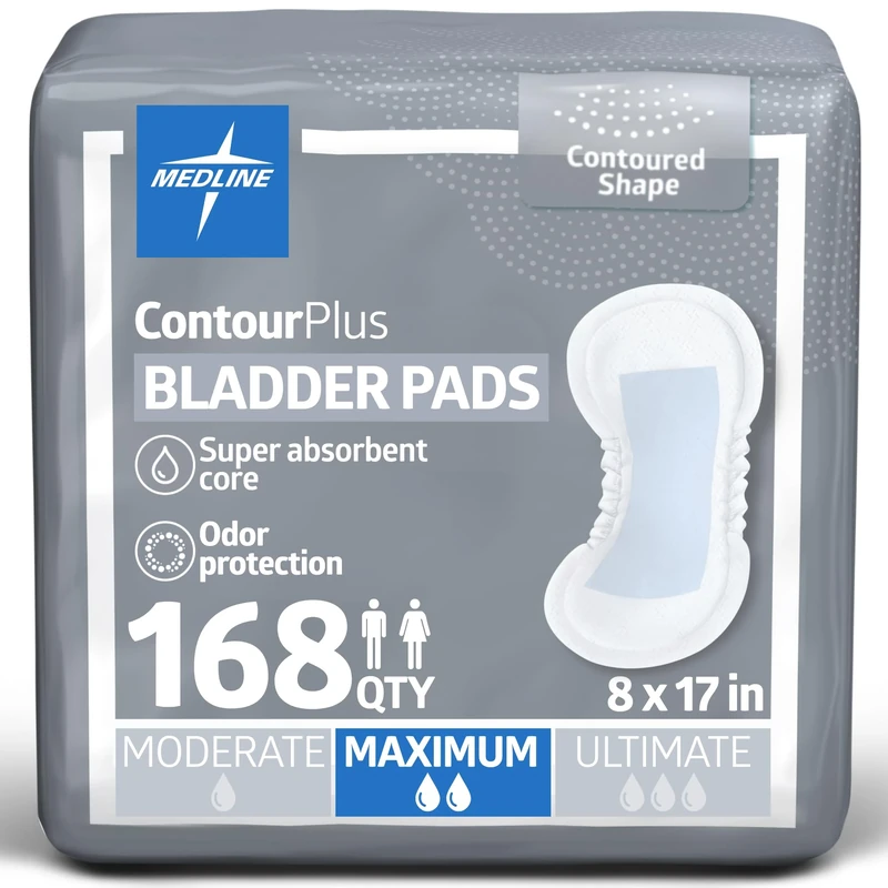 Medline Contour Plus Bladder Control Incontinence Pads, Maximum Absorbency, 6.5 x 13.5 (Pack of 168)