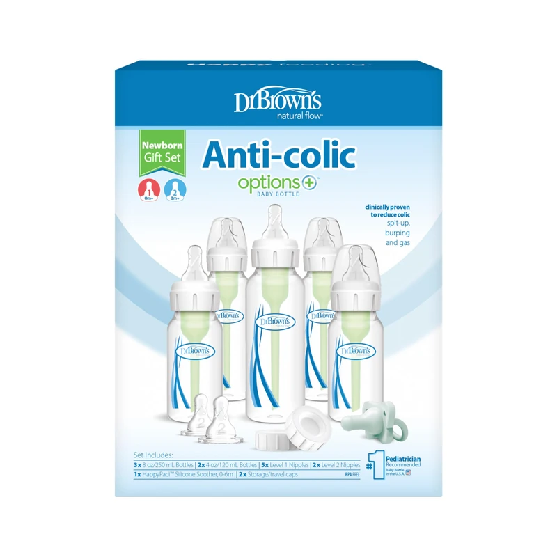 Dr. Brown’s Natural Flow Anti-Colic Options+ Narrow Baby Bottle Newborn Gift Set with 100% Silicone Green HappyPaci Pacifier and Storage/Travel Caps, 0m+, BPA Free