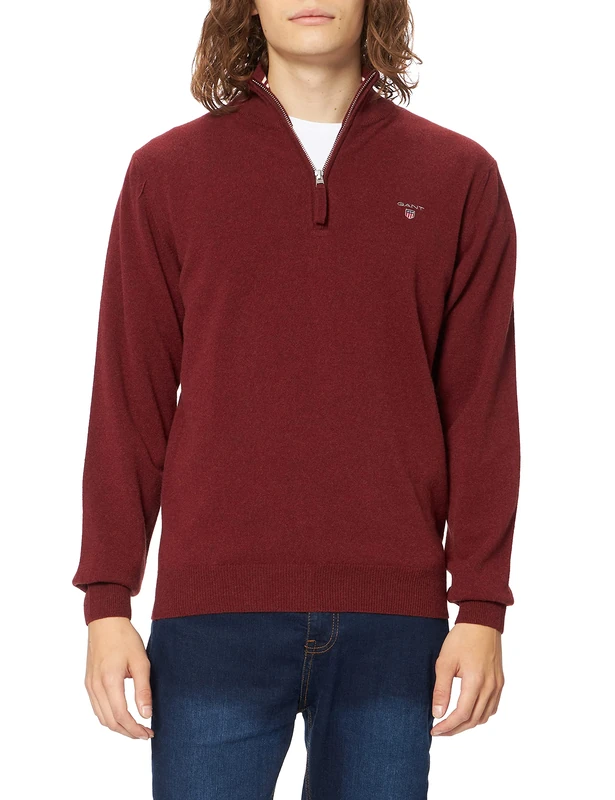 GANT Men's Lambswool Zip Regular Fit Plain Half-Zip Long Sleeve Jumper, Blue (Stone Blue Melange), Xx-Large