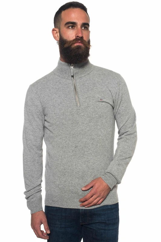 GANT Men's Lambswool Zip Regular Fit Plain Half-Zip Long Sleeve Jumper, Grey (Grey Melange), Large (Manufacturer Size: L)