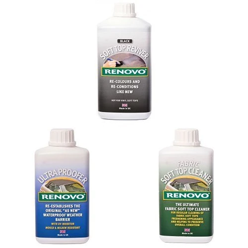 Renovo Bundle includes Soft Top Reviver 1000 ml, Soft Top Ultra Proofer 500 ml and Soft Top Canvas Cleaner 500, Black