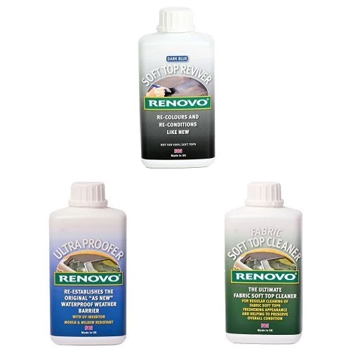 Renovo Bundle includes Soft Top Reviver 500 ml, Soft Top Ultra Proofer 500 ml and Soft Top Canvas Cleaner 500, Blue