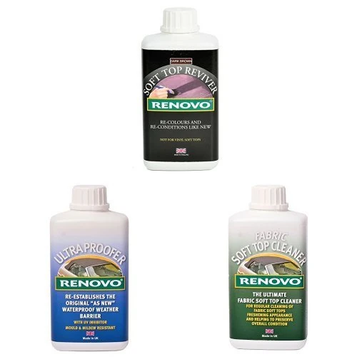 Renovo Bundle includes Soft Top Reviver 500 ml, Soft Top Ultra Proofer 500 ml and Soft Top Canvas Cleaner 500, Brown