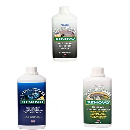 Renovo Bundle includes Soft Top Reviver 1000 ml, Soft Top Ultra Proofer 1000 ml and Soft Top Canvas Cleaner 500, Blue