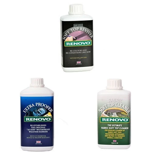 Renovo Bundle includes Soft Top Reviver 500 ml, Soft Top Ultra Proofer 1000 ml and Soft Top Canvas Cleaner 500, Green