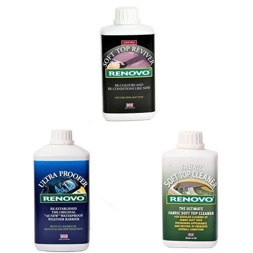 Renovo Bundle includes Soft Top Reviver 500 ml, Soft Top Ultra Proofer 1000 ml and Soft Top Canvas Cleaner 500, Dark Red