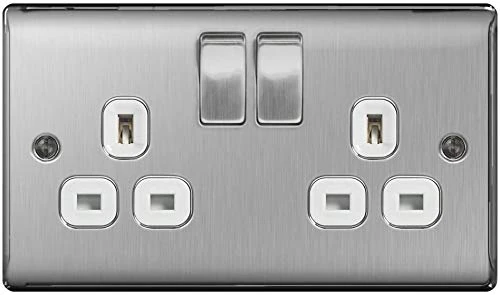 PCK 5 - BG-Nexus-Metal Double 13A Plug Socket,Brushed Steel Finish,White Inserts
