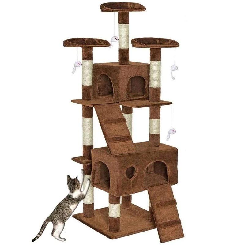 BAKAJI Cat Scratching Post Sisal Tree Playground Cat House Scratching Nails Height 170 cm (Brown)