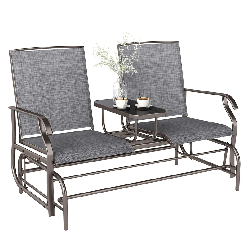 Outsunny 2 Seats Garden Glider Bench, Metal Frame Loveseat with Glass Top Centre Table, Porch Rocking Glider for 2 Person, for Deck, Patio, Brown/Grey - Image 1