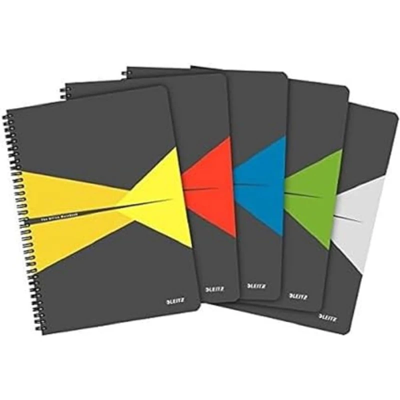 Leitz A4 Stiff Cover Notebooks, Assorted Colours, Pack of 5 (Wire Bound, 90 Sheets, Ruled, 1 Bookmark, 90 gsm Ivory Paper, Office Range)