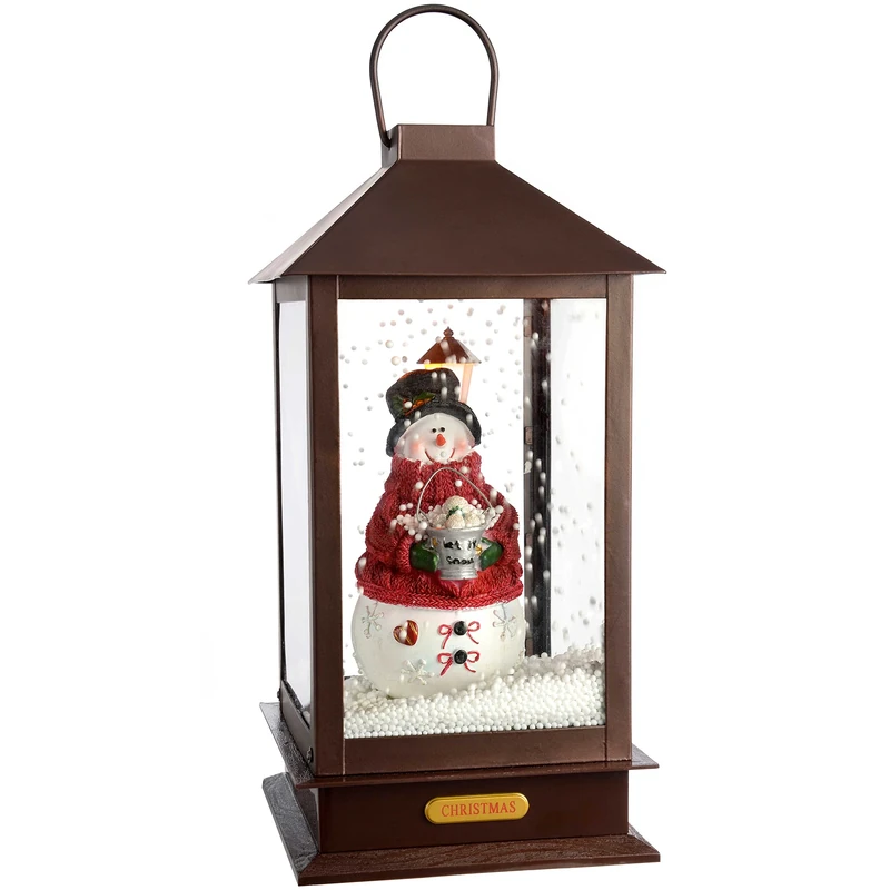 WeRChristmas Pre-Lit LED Snowing Musical Snowman Lantern Christmas Decoration, 38 cm - Brown