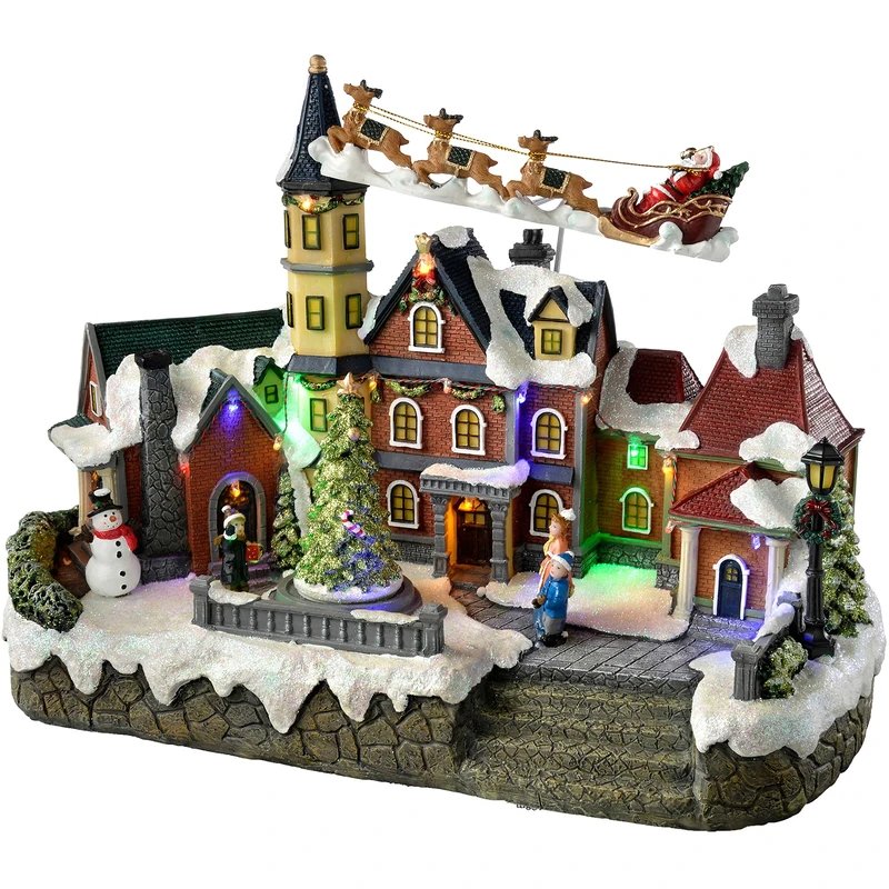 WeRChristmas Animated Musical Village Flaying Santa and Rotating Christmas Tree Decoration, 41 cm