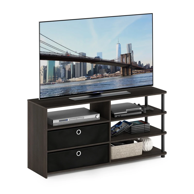 Furinno JAYA TV Stand, Simple Design Entertainment Center, TV Console for TV up to 55-Inch with Bins, for Living Room, Bedroom, Walnut