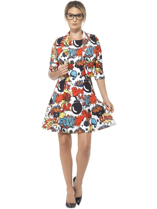 Smiffys Comic Strip Suit, Multi-Coloured with Jacket & Dress, Stand Out Suits Fancy Dress, Superhero Dress Up Costumes Halloween, World Book Day