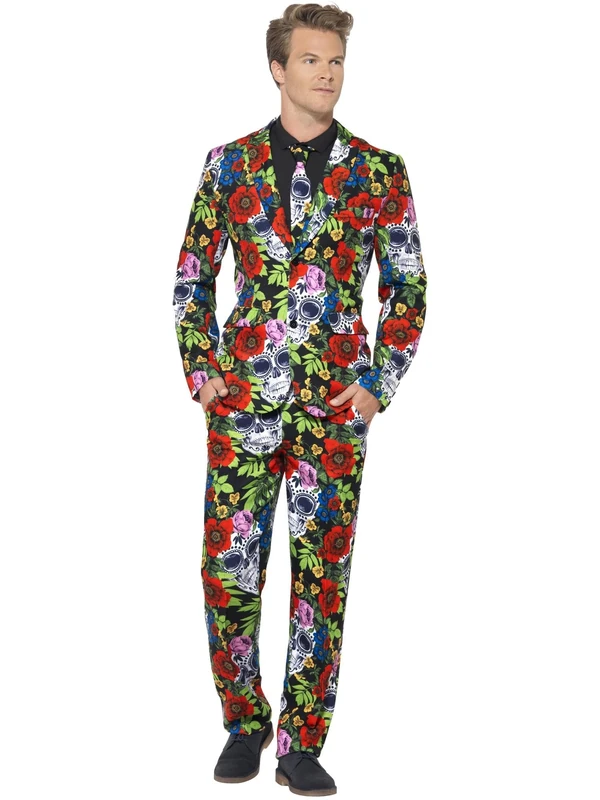 Smiffys Day of the Dead Suit, Multi-Coloured with Jacket, Trousers & Tie, Stand Out Suits Fancy Dress, Adult Dress Up Costumes