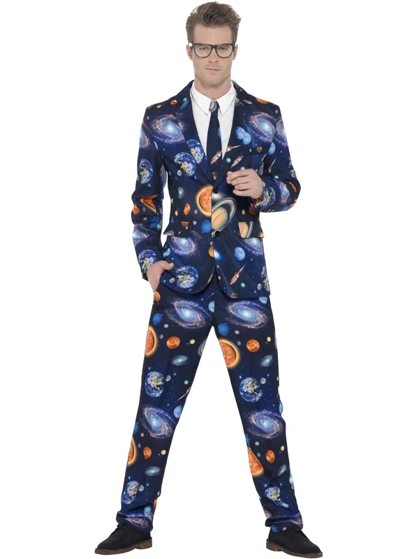 Smiffys Space Suit, Blue with Jacket, Trousers & Tie, Stand Out Suits Fancy Dress, Adult Dress Up Costumes, World Book Day