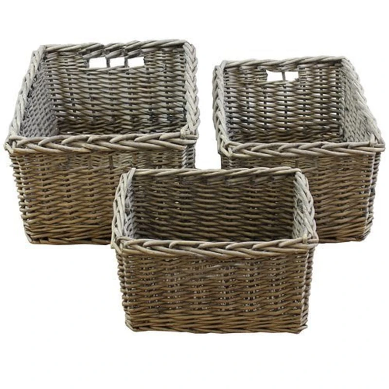 JVL Chunky Home Rectangular Storage Baskets with Loop Handles, Willow, Natural, Set of 3