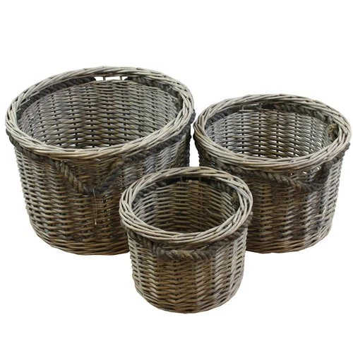 JVL Chunky Willow Round Set of 3 Storage Baskets with Handles Home Kitchen - Image 1