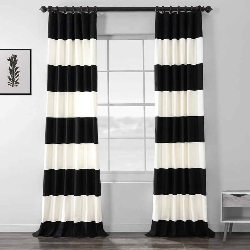 HPD Half Price Drapes Horizontal Stripe Curtains for Living Room 50 X 96 (1 Panel), PRCT-HS06-96, Black & Off White, Cotton, Onyx Black & Offwhite, 50 in x 96 in