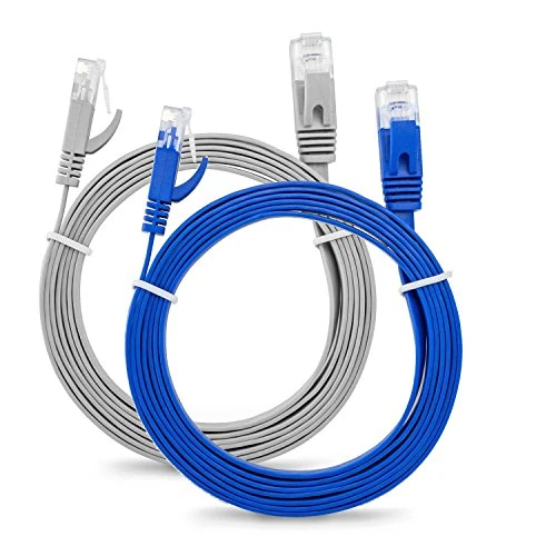 MutecPower SLIM FLAT 5m Cat6 RJ45 Ethernet Network Patch Lan cable - 2 Pack - 5 meter Grey and Blue + 15 Cable ties