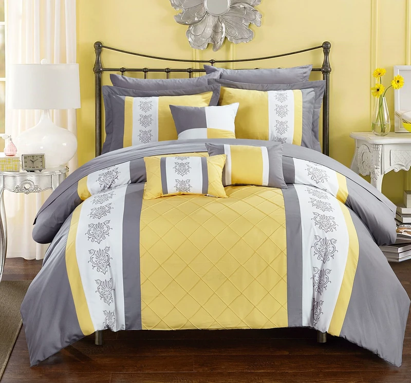 Chic Home Set with Sheets-Colorblocked Down Alternative Comforter with Shams, 3 Decorative Pillows and Bedding-Twin, Queen, and King Size, Cotton, Yellow