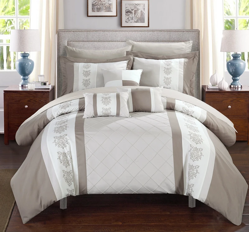 Chic Home Set with Sheets-Colorblocked Down Alternative Comforter with Shams, 3 Decorative Pillows and Bedding-Twin, Queen, and King Size, Cotton, Beige