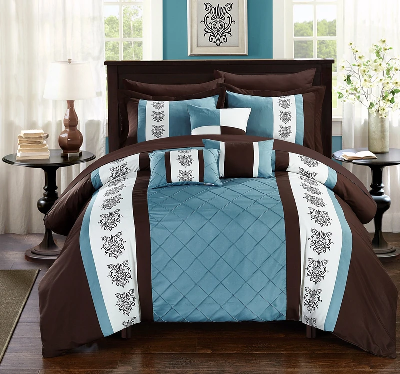 Chic Home Set with Sheets-Colorblocked Down Alternative Comforter with Shams, 3 Decorative Pillows and Bedding-Twin, Queen, and King Size, Cotton, Brown - Image 1