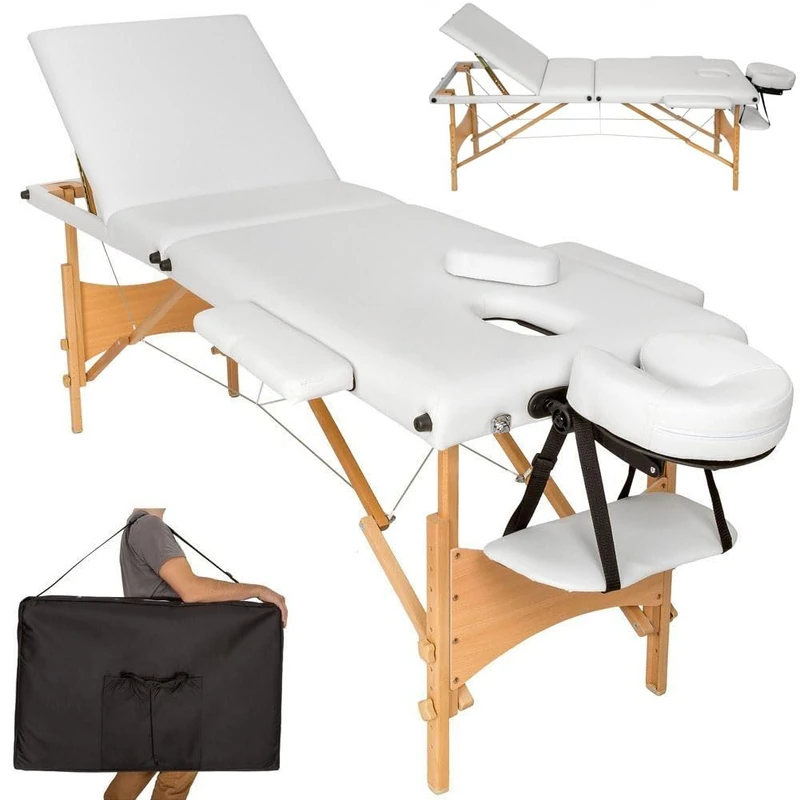 BAKAJI Massage Bed Wooden Frame Folding 3 Zones Massage Physiotherapy SPA Wellness Center Professional Beautician White XL Lux with Carrying Bag (Wooden Frame, White) - Image 1