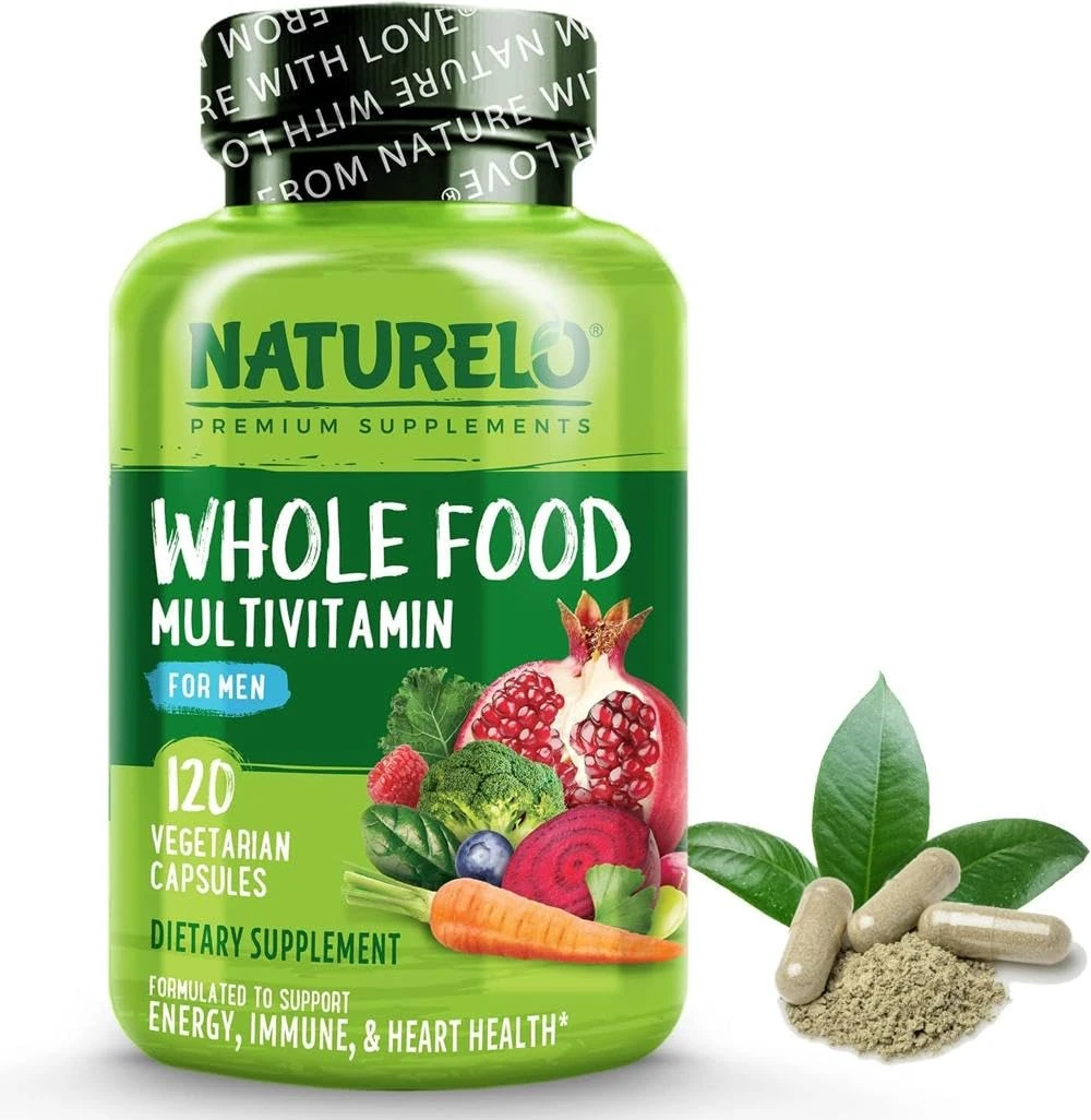 NATURELO Whole Food Multivitamin for Men - with Natural Vitamins, Minerals, Botanical Blends - Complete All-in-One Formula for Energy, Brain, Heart, Eye Health - 120 Vegan Capsules | 1 Month Supply