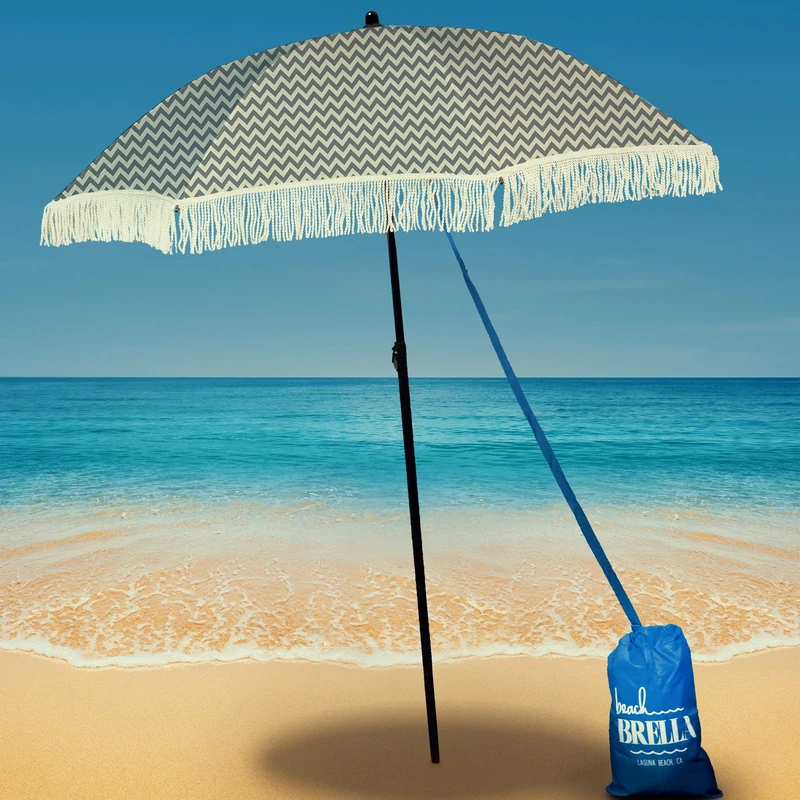 Beach Brella Regatta Beach Umbrella, with Fringe and Shoulder Strap Bag, 100% UV Sun Protection, Lightweight, Portable & Easy to Setup in The Sand and Secure in The Wind