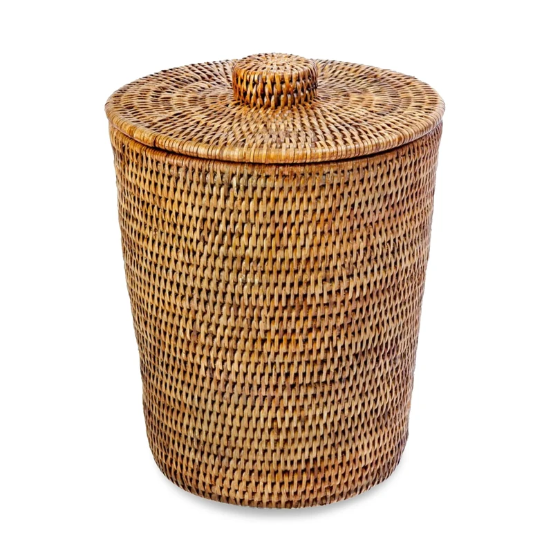 KOUBOO La Jolla Rattan Round Waste Basket with Plastic Insert & Lid, Honey Brown, Wicker