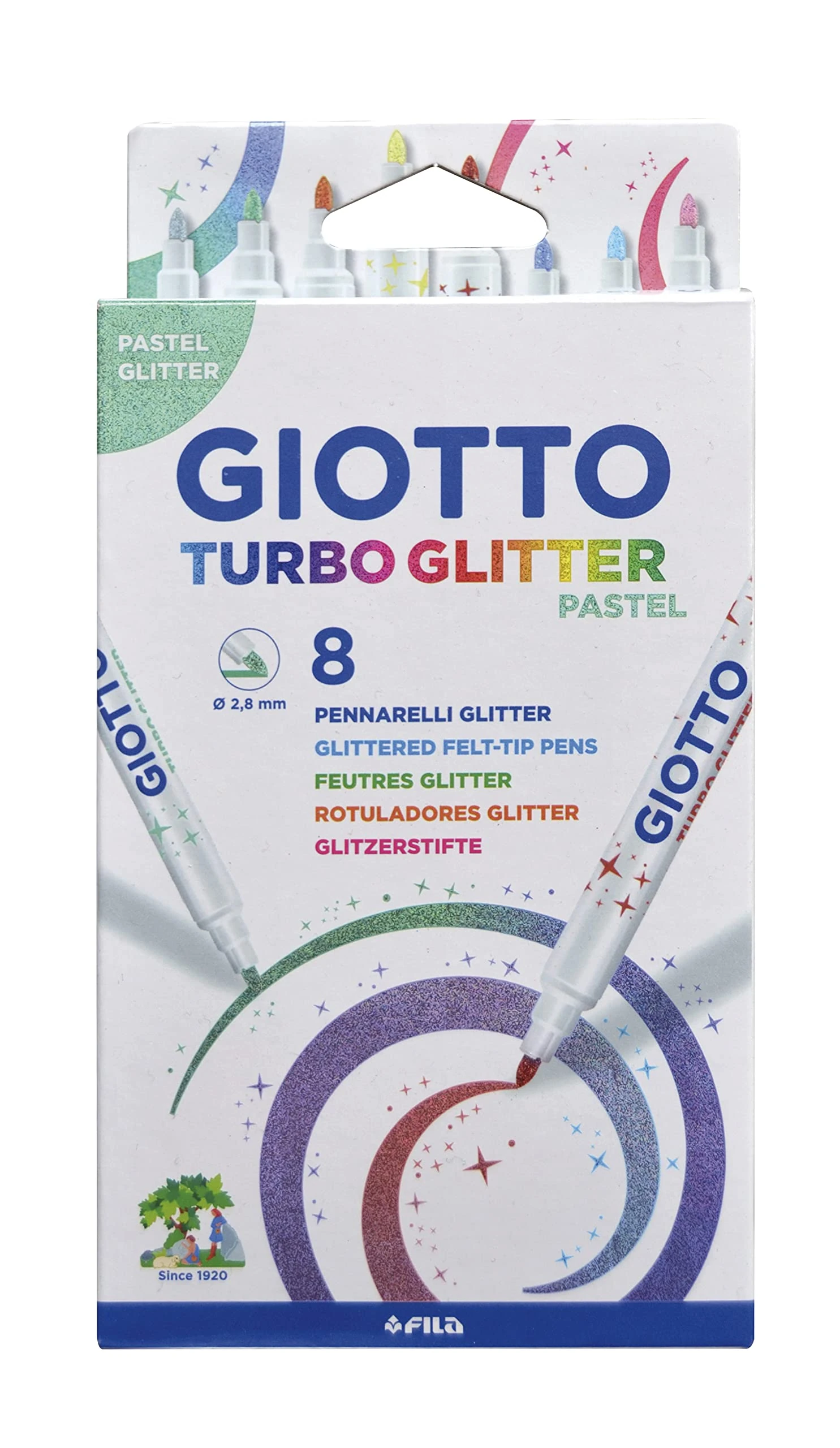 GIOTTO Turbo Glitter Ink Felt Tip Fibre Pens, Super Washable, Fine Tip Nib 2.8mm, 8 Pastel Colours, For Children, Parties and Schools