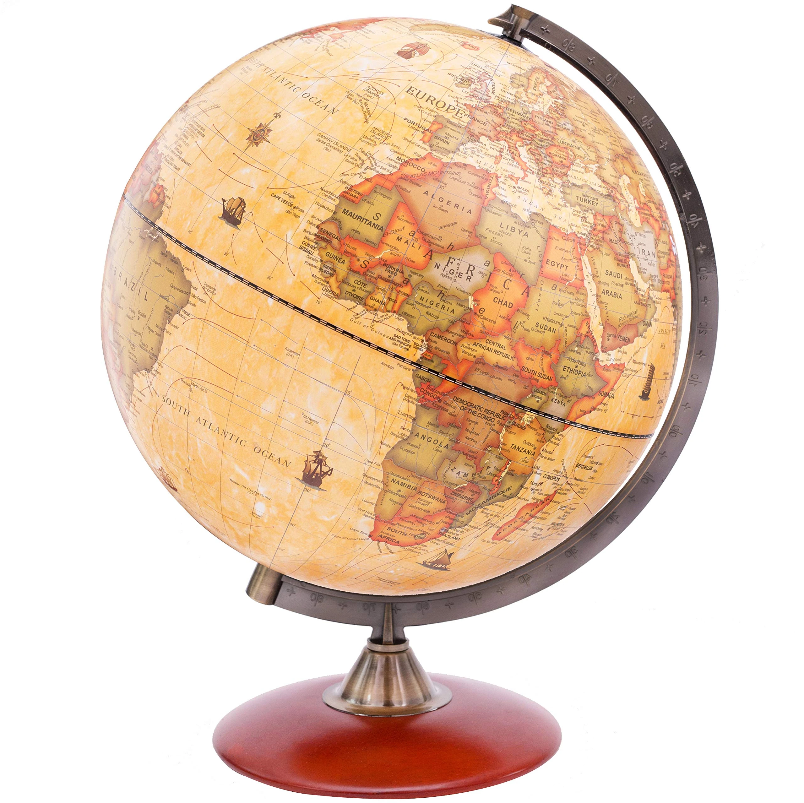 EXERZ 30cm Antique Globe With A Wood Base - World Globe Rotating Vintage Colour Modern Map -Decorative 30cm Diametre Large