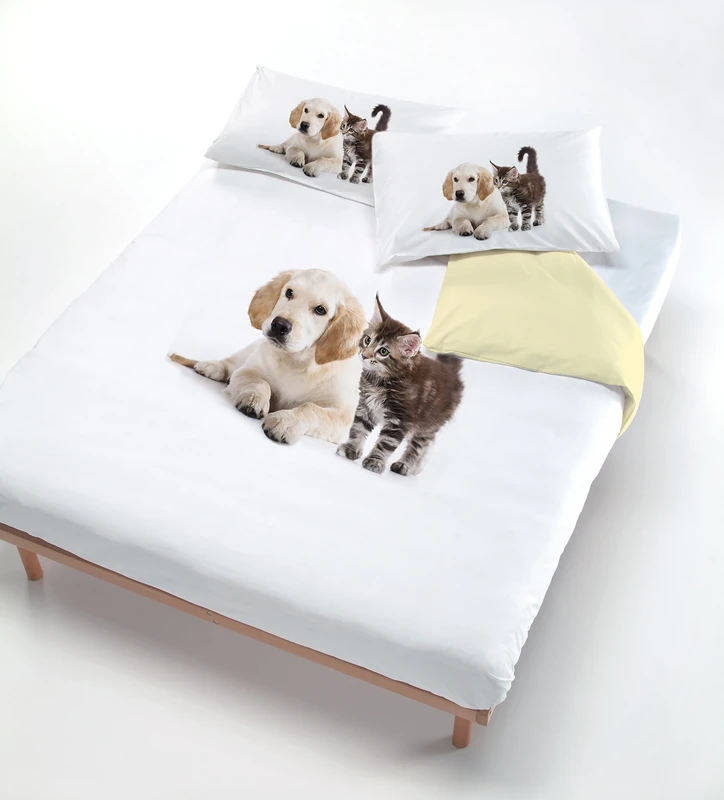 Italian Bed Linen Digital Duvet Cover Set (Bag Sheet 250x200cm + 2 Pillowcases 52x82cm), csat, Linen, Dog/cat Cream, for Double Bed